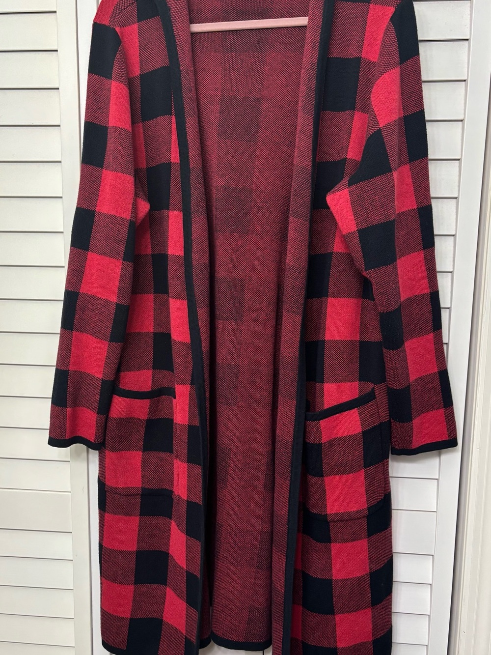 Denim&Co Red & Black Buffalo Plaid Hooded Open-Front Long Cardigan